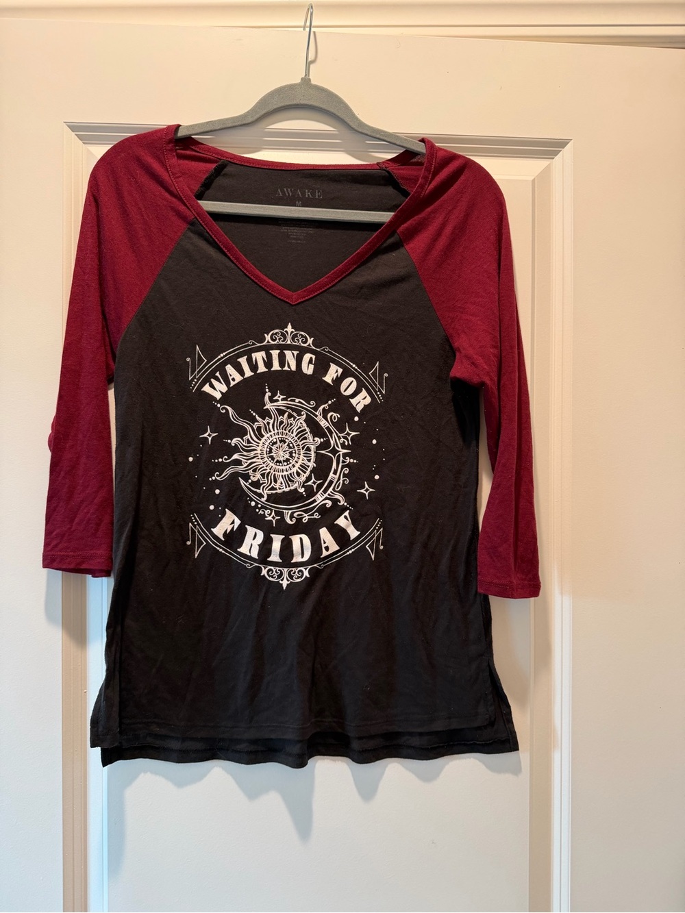 Awake Women's Raglan V-Neck Tee in Black & Burgundy